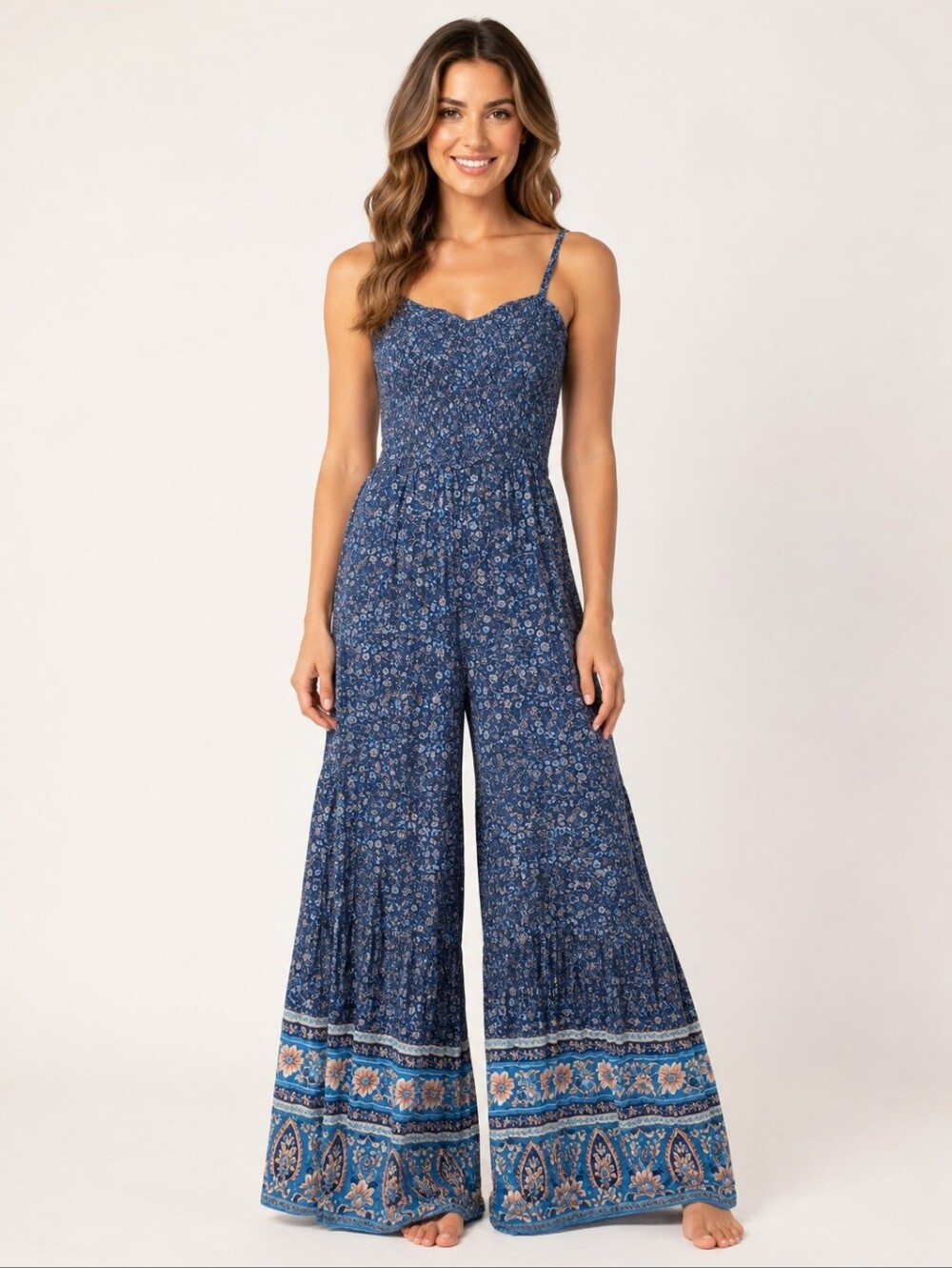 Natural Life Bailey Blue Floral Boho Wide Leg Jumpsuit Romper Size M